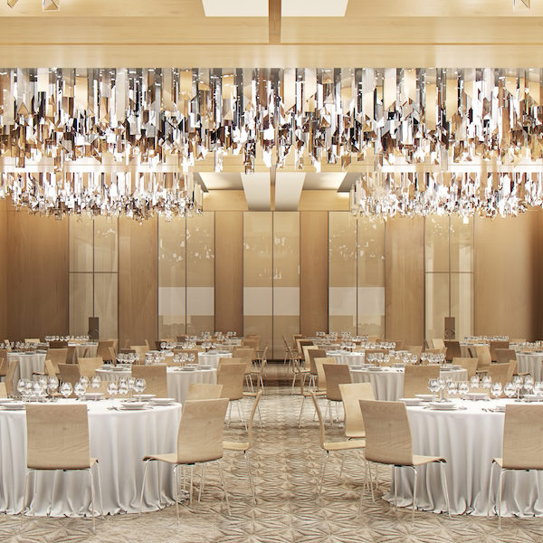 Sparkling chandeliers in a luxury ballroom