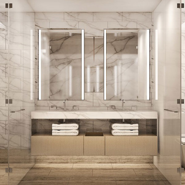 Lavish bathroom interior with marble and gold accents