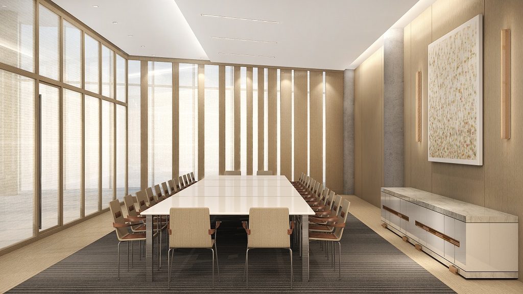 Elegant meeting room with chairs for two dozen guests