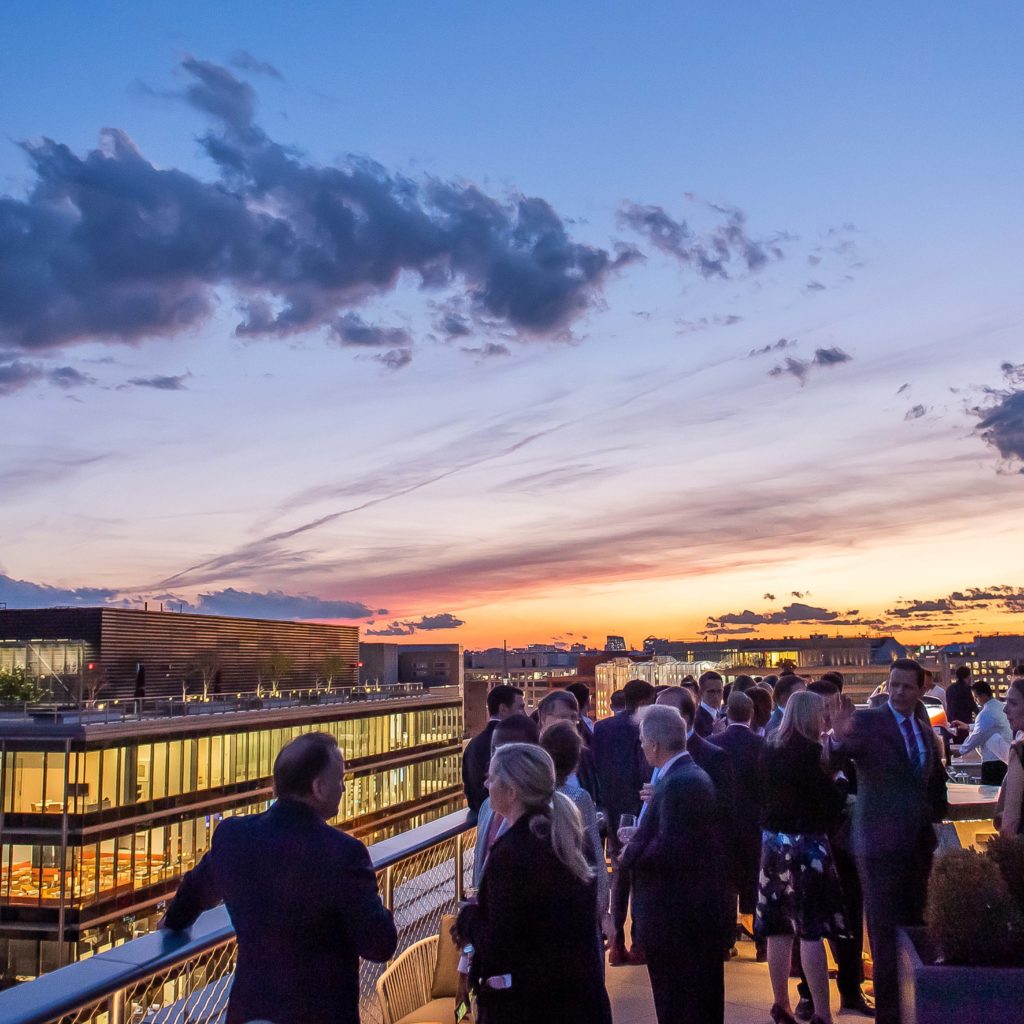 Sunset at Summit the rooftop bar and lounge at Conrad luxury hotel in Washington, DC